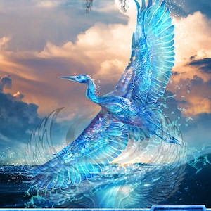 Op de afbeelding: Een blauwe elementaire vogel met uitgespreide vleugels, die uit het water opstijgt. De vogel is omgeven door een blauwe en witte mist. De kaart toont "Elemental Bird" en "Creature - Elemental Bird" met een kracht en taaiheid van "4/4". De kaart bevat ook de tekst "Flying" en "Gnd Cards".