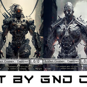 Può includere: Quattro illustrazioni digitali di figure robotiche con corpi metallici e occhi luminosi. Ogni figura è raffigurata su una carta con il testo "Artifact Creature - Construct 0/0". Il testo "AI ART BY GND CARDS" è visualizzato nella parte inferiore dell'immagine.
