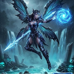 May include: A fantasy art card featuring a Faerie with blue wings and armor, holding a glowing blue orb and a spear. The card has the text "Faerie", "Token Creature - Faerie", "Flying", and "1/1". The background shows waterfalls and ruins.