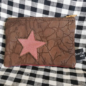 Coin purse  -  brown/maroon leather vintage kimono fabric star