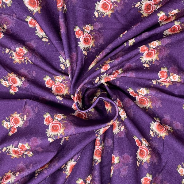 Plum Purple Rose Flowers Floral Brushed Polyester Poly DBP 4 Way Knit Fabric By the Yard Jersey Soft Stretch Ready to Ship From USA FB9-2