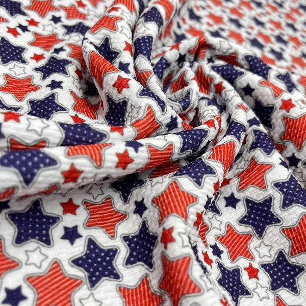 Red White Blue Stars Patriotic Bullet Liverpool Textured 4 Way Knit Fabric By the Yard Thick Jersey Soft Stretch Ready to Ship USA FB20-1