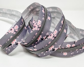 Grey Pink Cherry Blossom Coil #5 Zipper Tape by the Yard Nylon Coil Bag Making Supplies Sewing Hardware