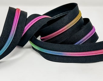 Black with Bright Rainbow Coil #5 Zipper Tape by the Yard Nylon Coil Bag Making Supplies Sewing Hardware