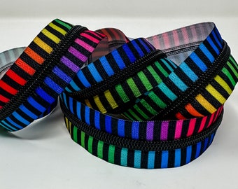 Black Striped Bright Rainbow Coil #5 Zipper Tape by the Yard Nylon Coil Bag Making Supplies Sewing Hardware