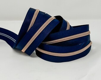 Navy Blue with Rose Gold Coil #5 Zipper Tape by the Yard Nylon Coil Bag Making Supplies Sewing Hardware