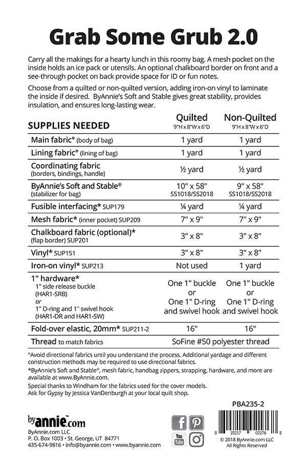 Grab Some Grub Patterns by Annie Lunch Bag Making Supplies Sewing ...