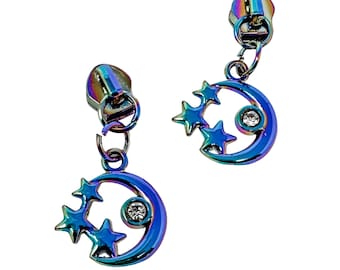 Rainbow Iridescent Moon & Stars Rhinestone #5 Zipper Pulls Set of 2 for Nylon Zipper Tape Bag Making Supplies Hardware Sewing Craft