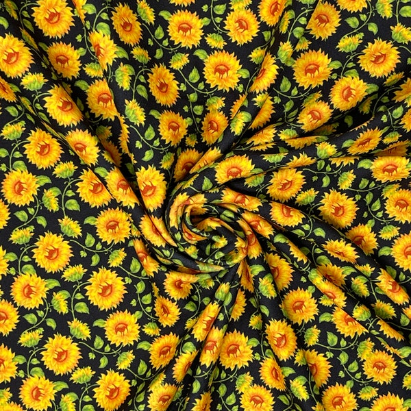 Black Yellow Sunflower Flower Floral Brushed Polyester Poly DBP 4 Way Knit Fabric By the Yard Jersey Soft Stretch Ready to Ship USA FB14-2