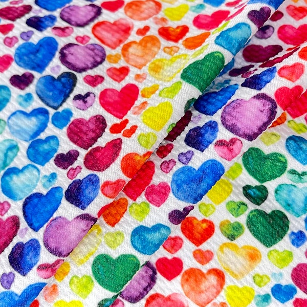 Rainbow Heart Valentines Bullet Liverpool Textured 4 Way Knit Fabric By the Yard Thick Jersey Soft Stretch Ready to Ship USA FB32-2