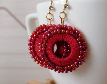 Trendy RED earring. Linen earrings. Beaded earrings. Round Earrings. Summer earrings. Textile Jewelry. Elegant earrings. Earrings for Women