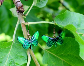 Green, Green earrings, Green butterfly, Green butterfly earrings, Green wings, Jewelry, Insect, Bug, Resin jewelry, Resin, Gift, summer2017