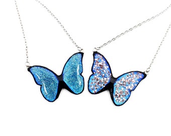 Glittery Butterfly Necklace, Blue and Pink Glitter Pendant