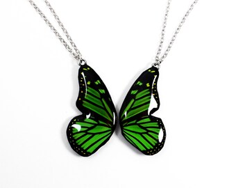 Green Butterfly Friendship Necklace Set, Handmade Matching Half Heart Necklaces, Best Friend Jewelry, Nature-Inspired, Perfect Gift for Her