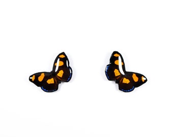 Butterfly Stud Earrings – Handmade Black with Vibrant Orange Spots and Blue Edging, Nature-Inspired Jewelry for Casual and Formal Wear