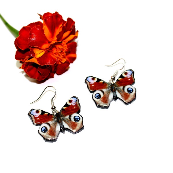 Peacock Butterfly Dangle Earrings · Insect Jewelry with Stunning Red Accents · Nature-Inspired Accessories for Weddings and Bohemian Vibes