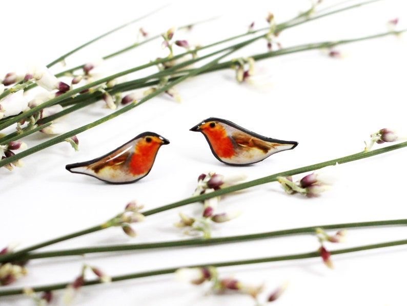 May include: A pair of robin bird earrings made of resin. The earrings are a light brown color with a red breast and black eyes. The earrings are set against a white background with green stems and white flowers.