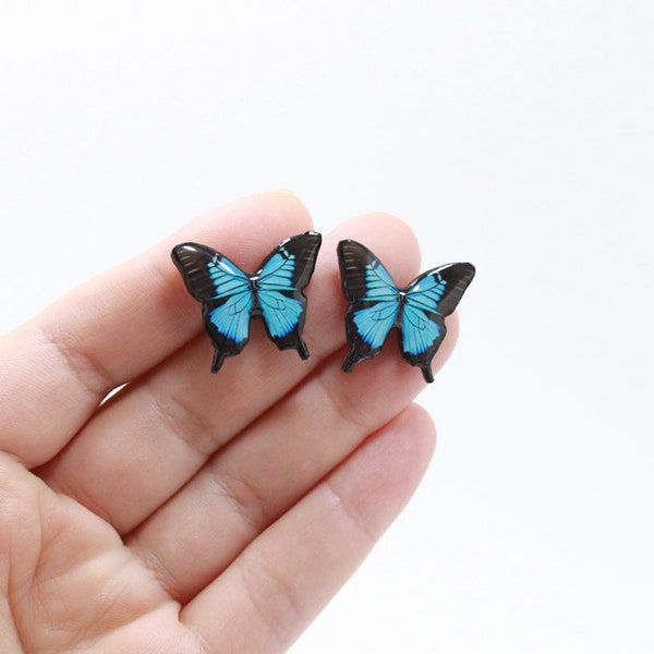 Blue Butterfly stud earrings for Sensitive ears, Stud Butterfly Earrings in Gift Box,Inspire by Blue Emperor, Bug lover gift, Gift for mom