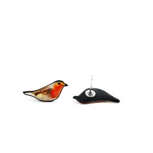 May include: A pair of earrings featuring a robin bird design. The earrings are made of polymer clay and have a black background with a detailed image of a robin bird. The earrings are attached to silver posts.