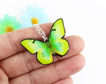 Handmade Lime Green Butterfly Pendant Necklace: Nature-Inspired Jewelry