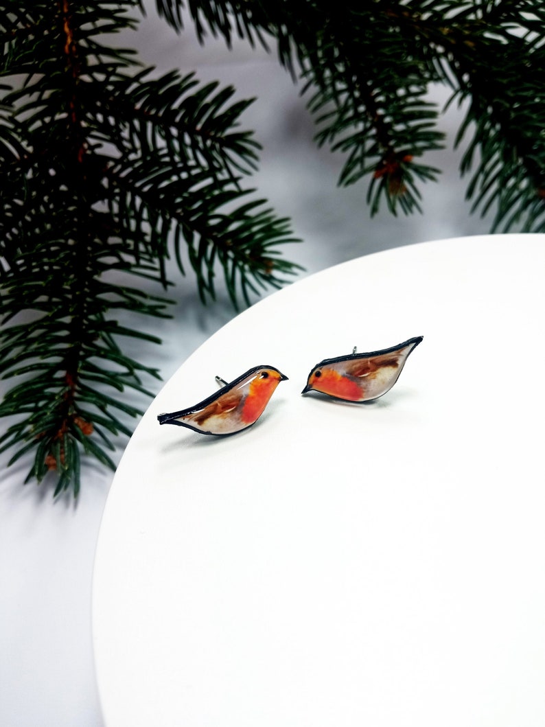 May include: A pair of robin bird earrings. The earrings are made of resin and feature a realistic depiction of a robin with a red breast, brown back, and black eyes. The earrings are on a white background.