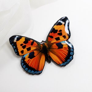 May include: A close-up of a 3D printed butterfly brooch with orange, black, and blue wings. The butterfly is on a white background.