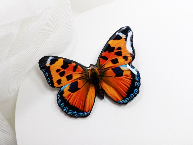 May include: A close-up of a 3D printed butterfly brooch with orange, black, and blue wings. The butterfly is on a white background.
