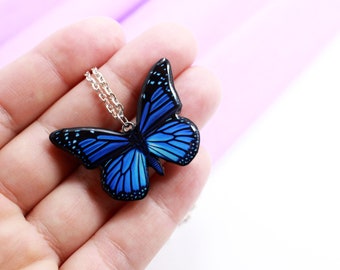 Blue monarch butterfly necklace realistic handmade pendant
