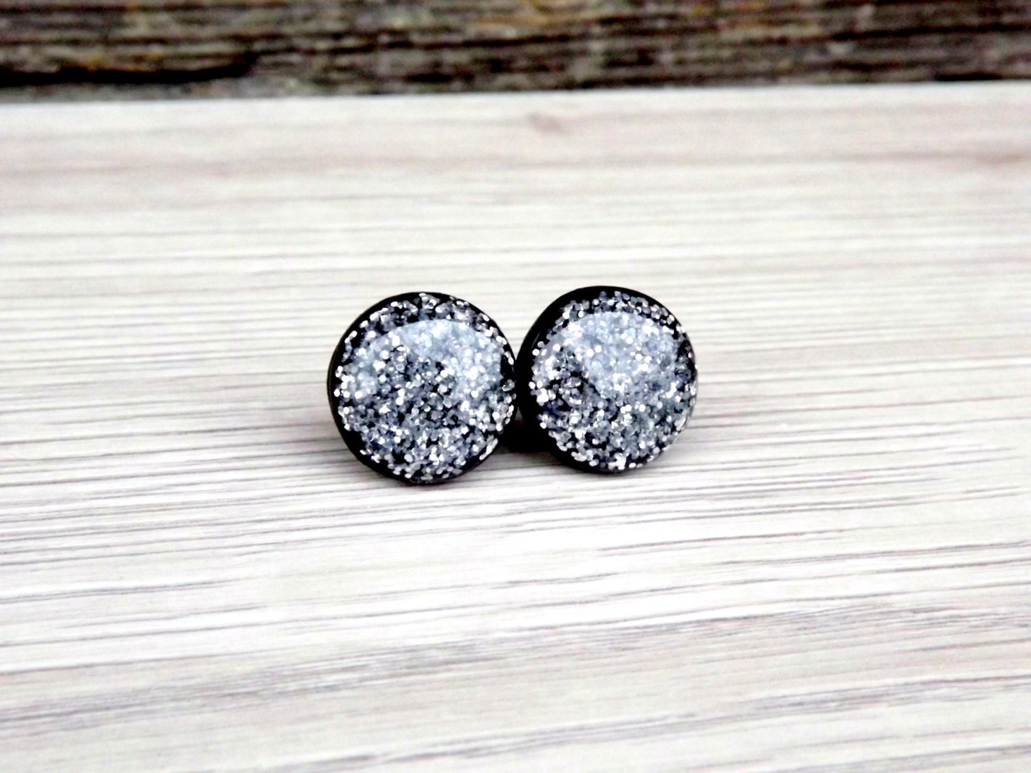 Silver glitter stud earrings Glitter earrings Glitter | Etsy