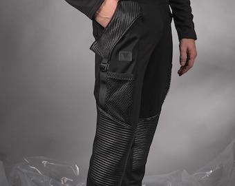 Pantalones deportivos cyberpunk para hombre – Pantalones negros de estilo técnico, ropa urbana utilitaria / PA-J