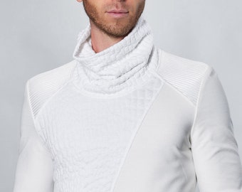 White cyberpunk sweater with high collar, techwear pullover futuristic clothing - AB-00 men