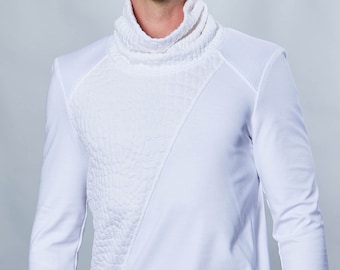 White futuristic pullover Cyberpunk sweater with high collar, alternative clothing minimalist fashion  - AB-003 men