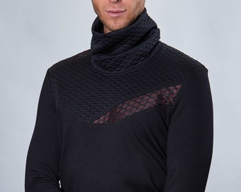 Black asymmetrical sweater with high neck, cyberpunk clothing, alternative fashion - PR-PQ10 men