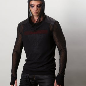 Black mesh hoodie with thumbhole sleeves and faux leather shoulders - SVE men