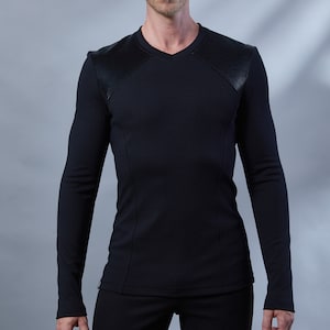 Minimalist pullover black v-neck with faux leather yoke, alternative fashion - MS men