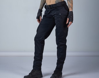 Black Techwear Cargo Pants Women, Deep Pockets Magnetic Buckle | PA-C women