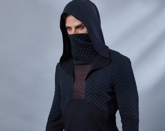 Darkwear Black hoodie with high collar, cyberpunk clothing - PP men sci-fi