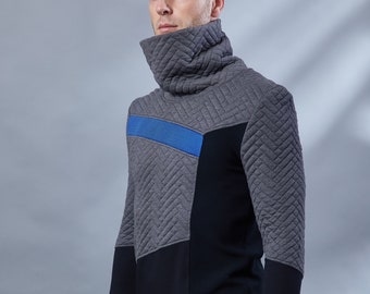 Techwear sweater with high collar, thumbholes, asymmetrical sci fi clothing, streetstyle jumper - LL-8 men