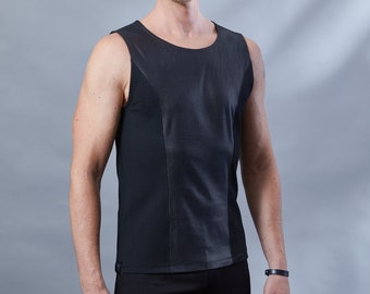 Black sleeveless shirt, faux leather, goth clothing  - ST-L-9 men