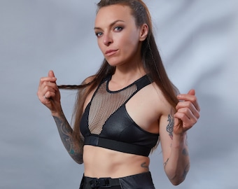 Black crop top, alternative clothing sports bra mesh - CT7 women