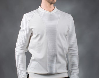 White cyberpunk men's sweater, futuristic clothing - SP-00 men