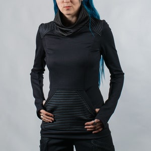 Cyberpunk-Pullover mit Tasche, schwarze Techwear-Kleidung für Damen - 868