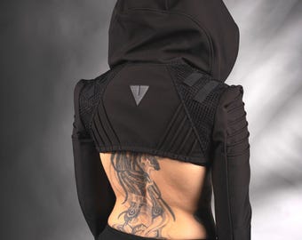 Hooded wasteland shrug, black cyberpunk sleeves with hood techwear clothing -  ASA women