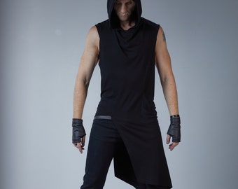 Chemise sans manches asymétrique avec capuche, vêtements futuristes, mode science-fiction, tenue techwear - ERL+ERH homme