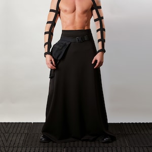 Man in black SK-L high waist skirt with belt bag, front view