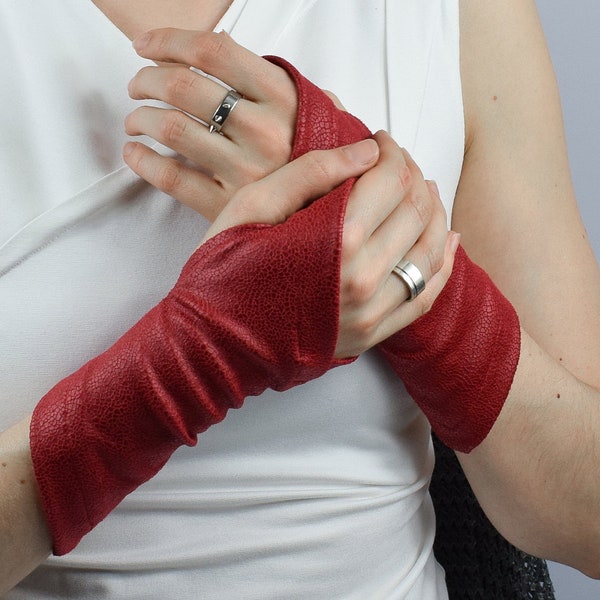 Red fingerless gloves, faux leather - X-WRW