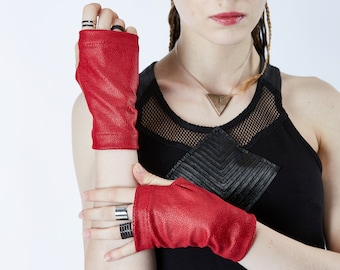 Red leather gloves fingerless arm warmers -WRP