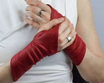 Red fingerless gloves, faux leather - X-WRW