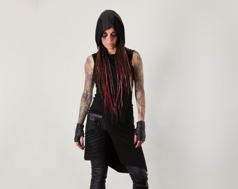 Asymmetric sleeveless shirt with black hoodie, techwear clothing, streetwear outfit  - ERL+ERH women