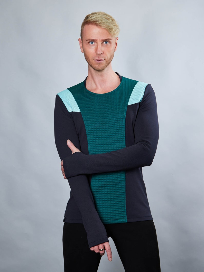 Green cyberpunk sweater thumbhole sleeves cyberpunk clothing emerald green pullover CC1-5 men image 3